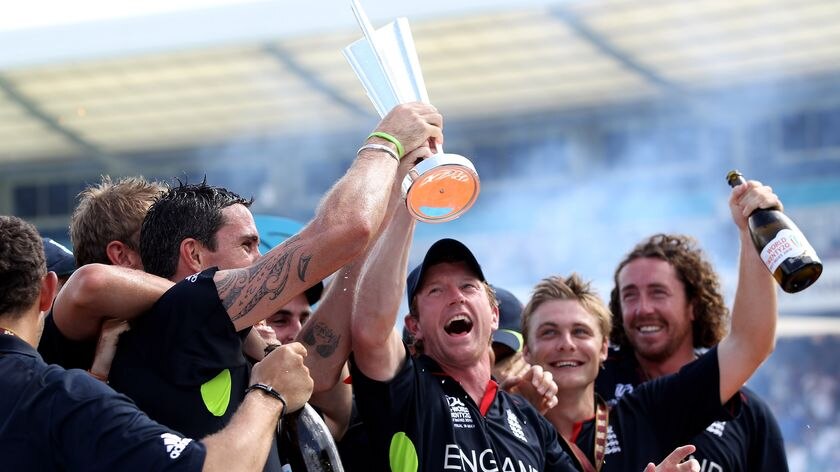 Up there with the Ashes: Paul Collingwood hoists the World Twenty20 trophy.