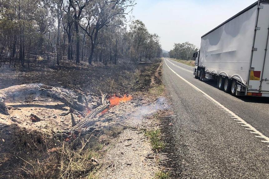 Fire still burning on the edge of the Bruce Highway, south of Mount Larcom.