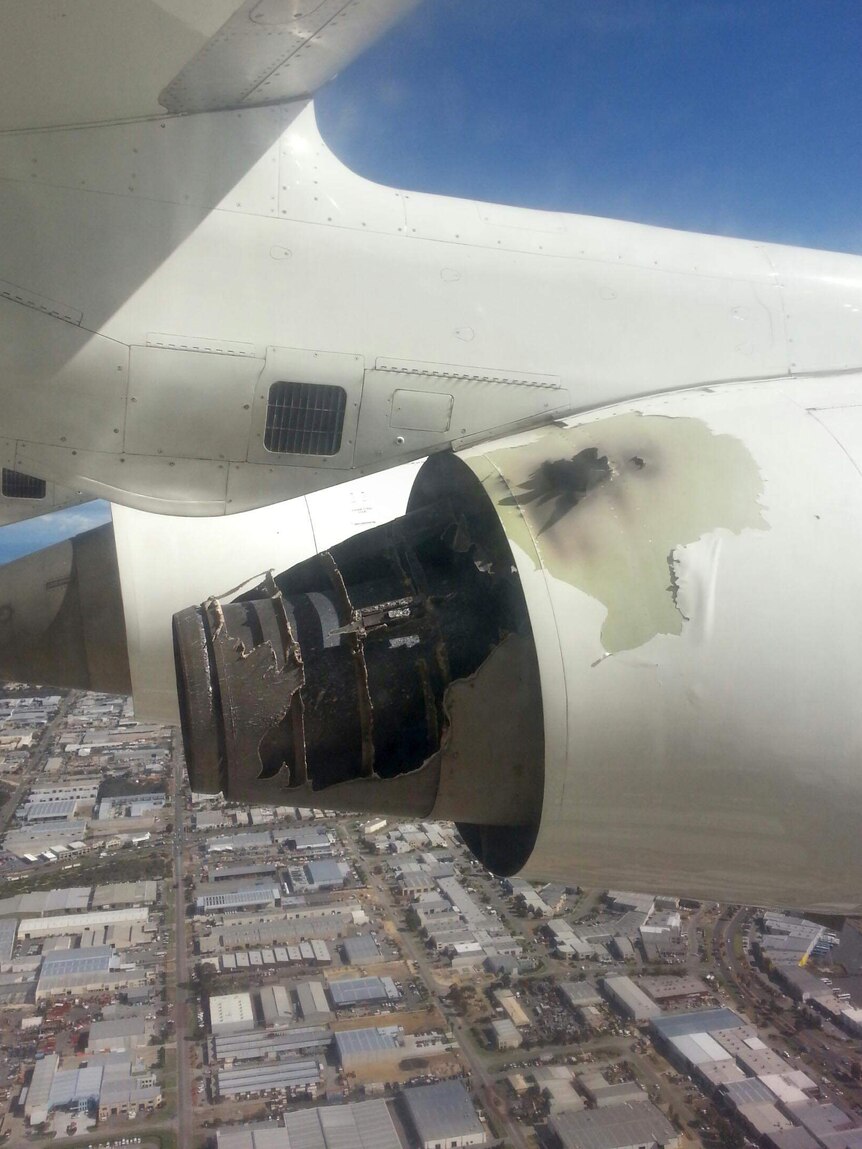 Damage to a plane's engine that caught on fire over Perth.