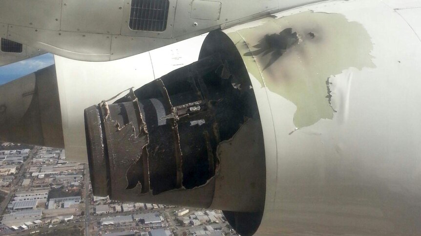 Damage to a plane's engine that caught on fire over Perth.