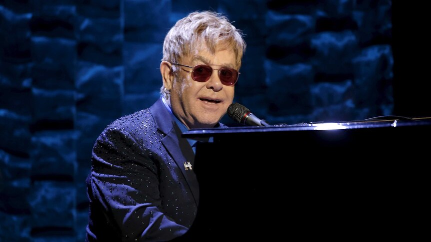 Singer Elton John performs at the Hillary Victory Fund.