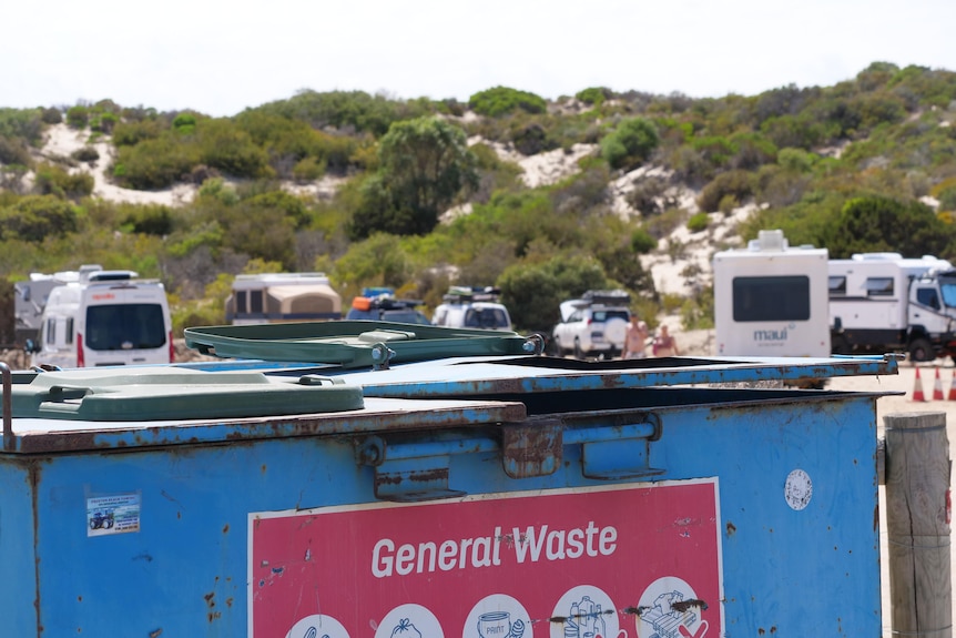 A waste bin at the rest area at Preston beach.
