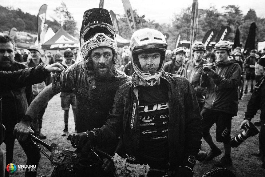 Competitors at the end of the Enduro World Series bike race