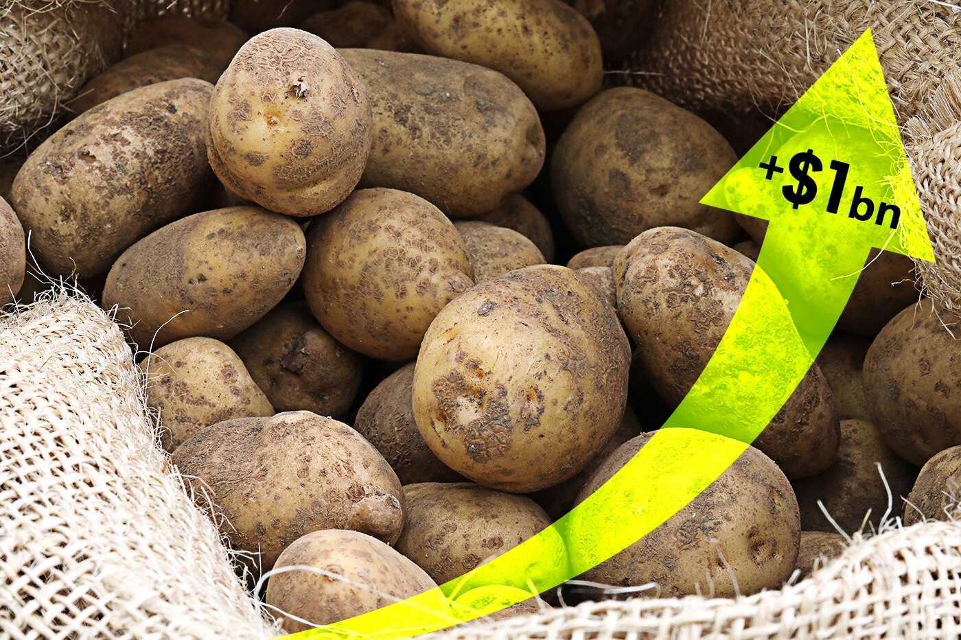 Potatoes with a graphic of a yellow arrow on the up and +$1bn written on it.