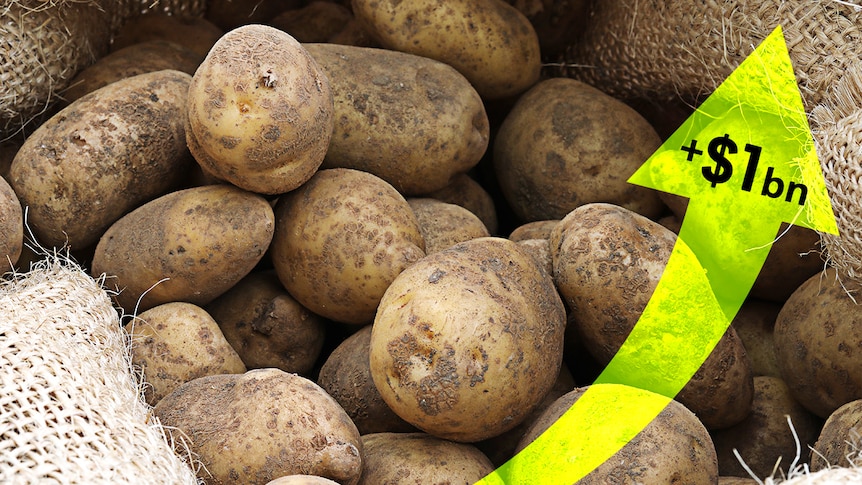 Potatoes with a graphic of a yellow arrow on the up and +$1bn written on it.