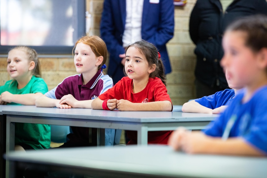 Children sit at a desk in a classroom.