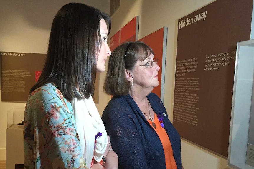 Claire Hamilton and her mother Margaret Oakhill-Hamilton view moving elements of the exhibition Without Consent.