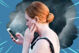 Distressed woman looking at her phone with a dark storm cloud looming around her to depict how traumatic news impacts people.