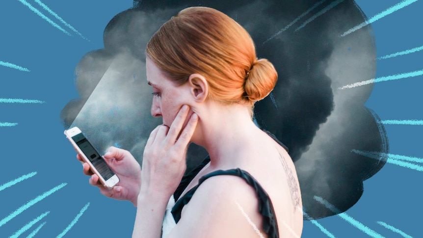 Distressed woman looking at her phone with a dark storm cloud looming around her to depict how traumatic news impacts people.