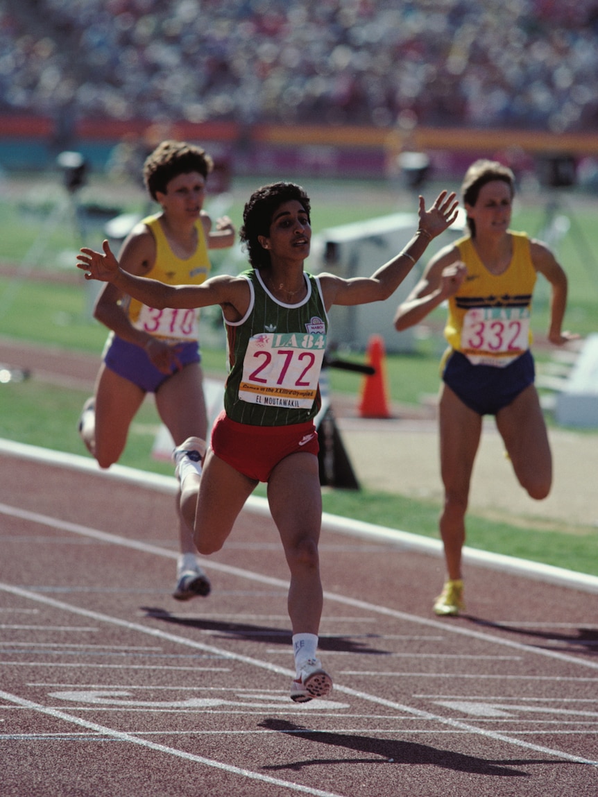 Nawal El Moutawakel winning the women’s 400m hurdles at the Los Angeles 1984 Olympics.