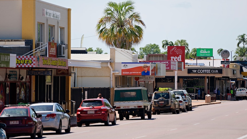 Shops and cars on the main street of the town of Katherine, in the Northern Territory.