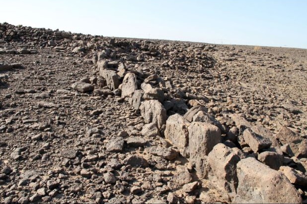 Stones lined up in a row on a stony ground.