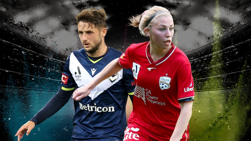 Two soccer players, one male wearing blue and white and a female wearing red, in a graphic
