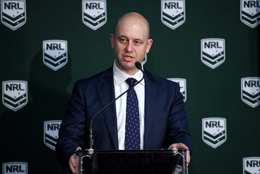 NRL chief executive Todd Greenberg speaks in Sydney on December 6, 2017.