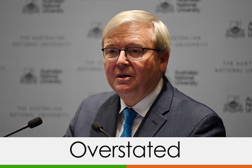 An image of Kevin Rudd making a speech with the word "overstated" underneath