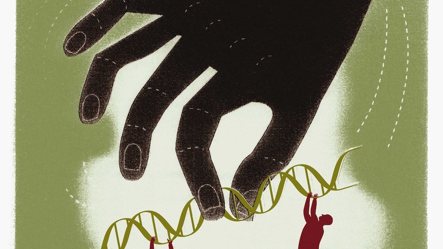 Large hand holding DNA with men falling beneath