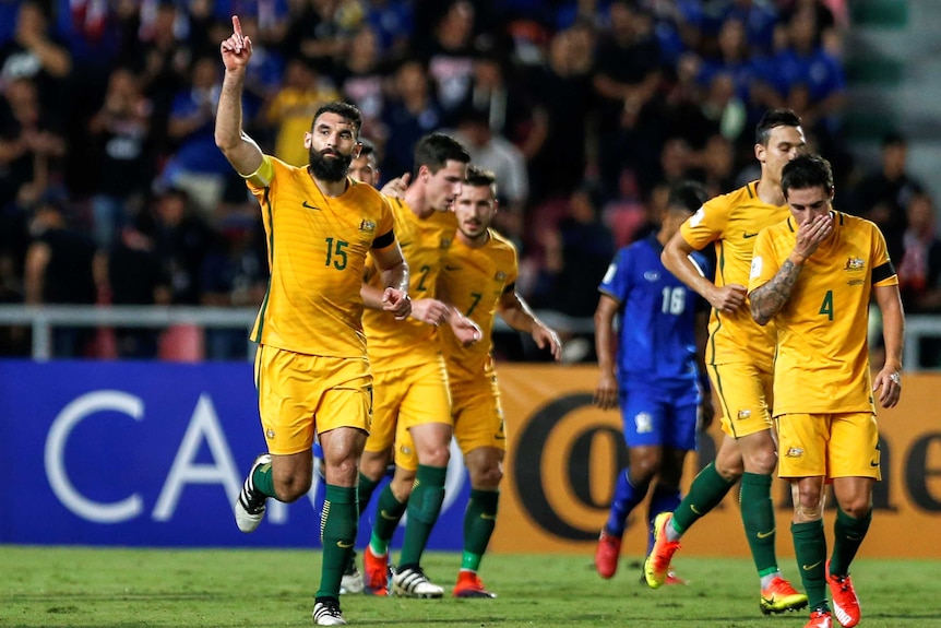 Australia's Mile Jedinak points his finger to the sky.