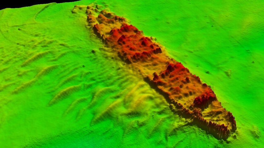 A bathymetric image of the US Navy ship Meigs, which was sunk in 1942 in Darwin.