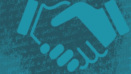 Picture graphic of a handshake with light blue against dark blue