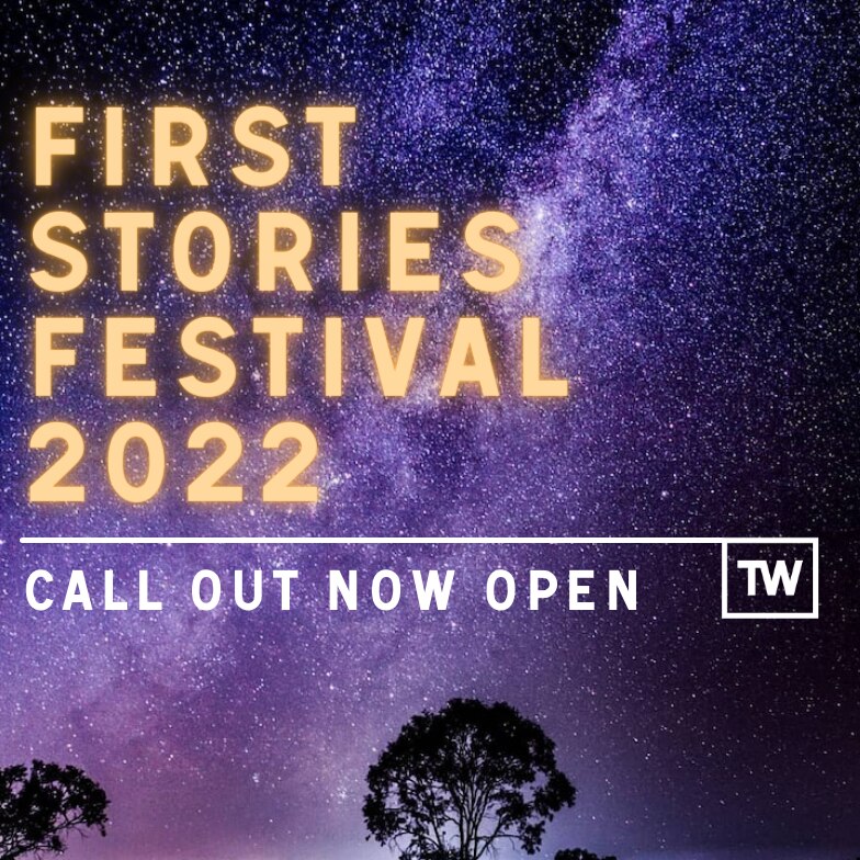 "First Stories Festival" written in yellow text across a starry night sky.