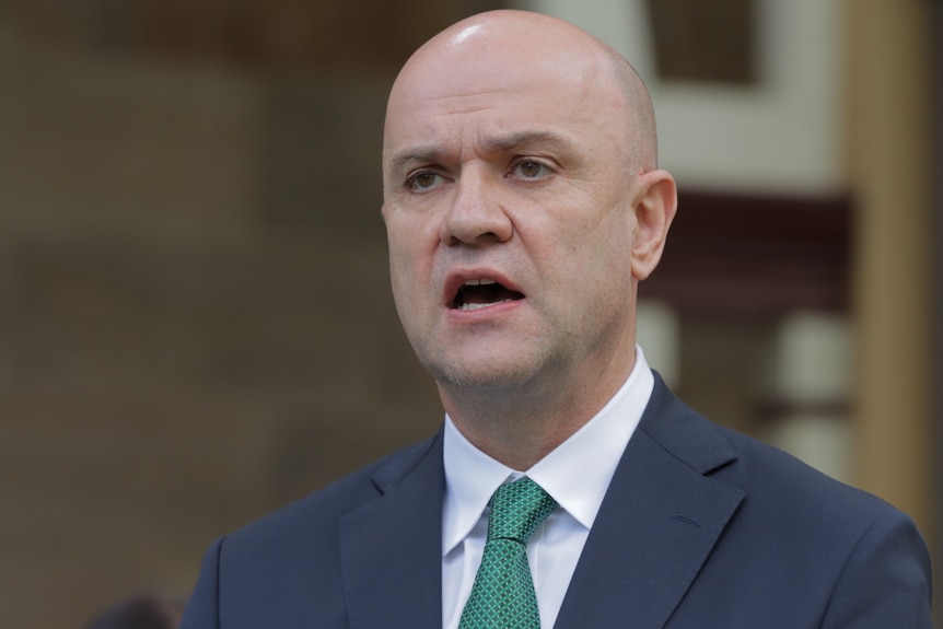 A bald man in a suit and green tie speaks in front of a blurred brown background. 