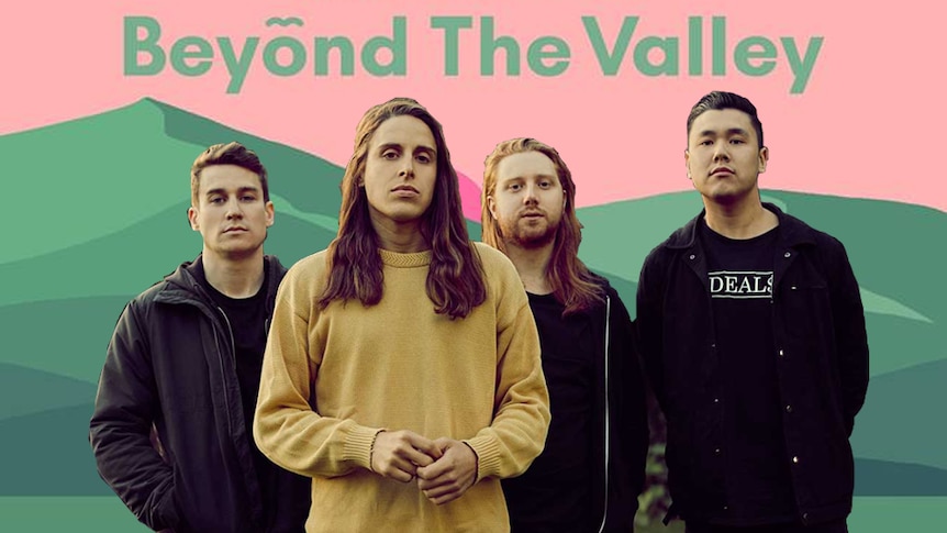 A 2017 press shot of Melbourne band Slowly Slowly superimposed over the artwork for VIC NYE festival Beyond The Valley