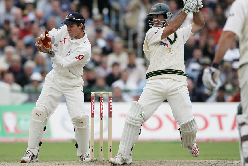 Ricky Ponting plays off the back foot through the off side as Gerain Jones watches from behind the stumps