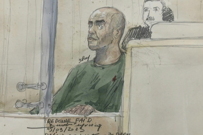 Courtroom sketch of bald man 