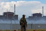 Serviceman stands outside barbed wire fence around nuclear power plant.