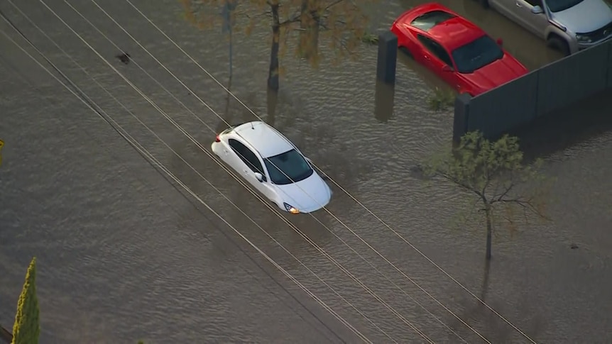 three cars partially under water.