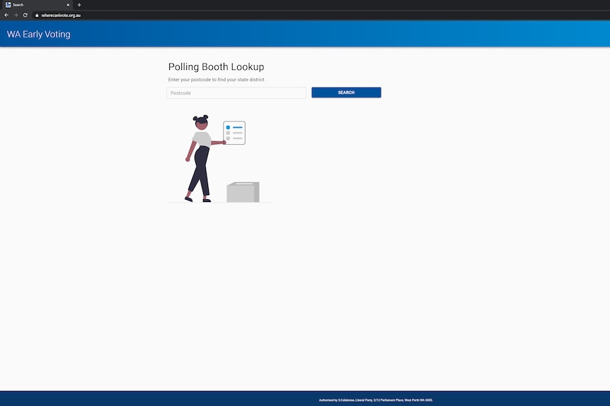 A screenshot of a website for early voting in the WA election with a search function for polling booths.