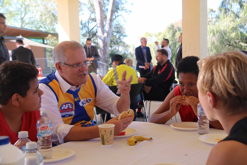 Scott Morrison eating lunch with students from Clontarf Aboriginal College, Perth.