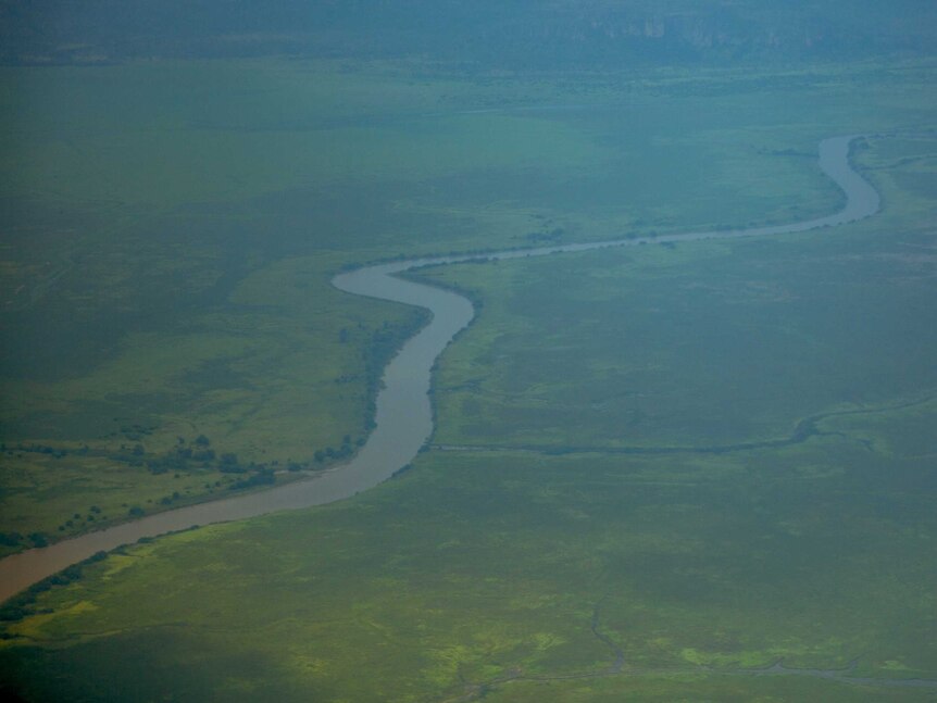 An aerial shot of the swollen East Alligator River