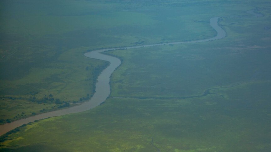 An aerial shot of the swollen East Alligator River