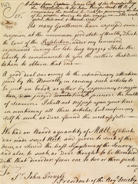 A letter from Captain James Cook about his provisioning on to combat scurvy, dated March 1776.