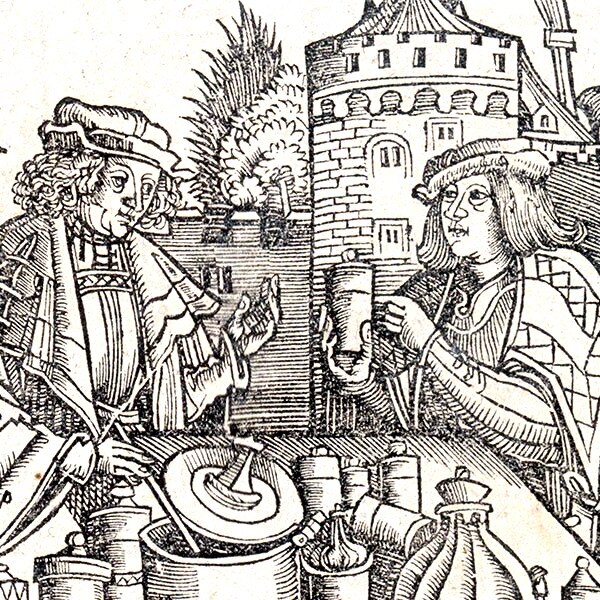 Woodcut shows an apothecary preparing the drug theriac.