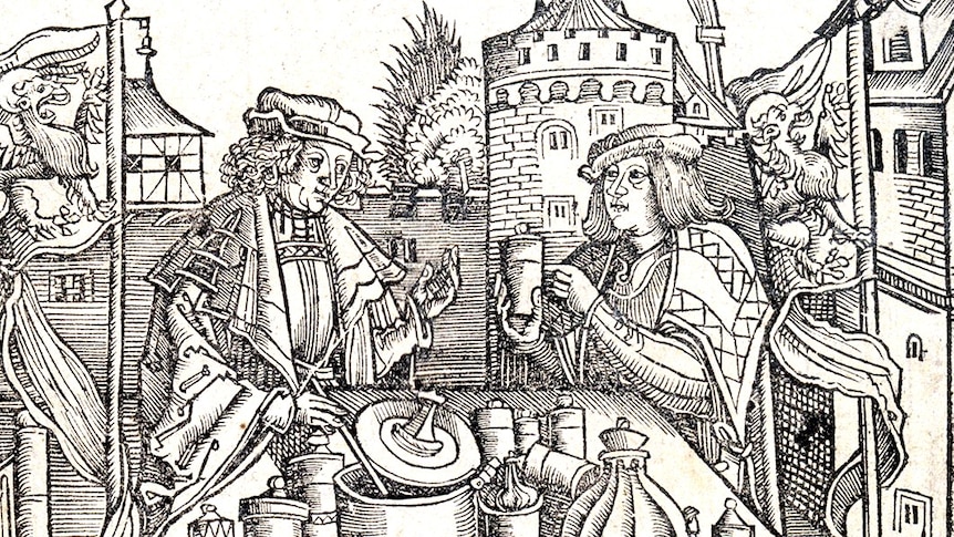 Woodcut shows an apothecary preparing the drug theriac.