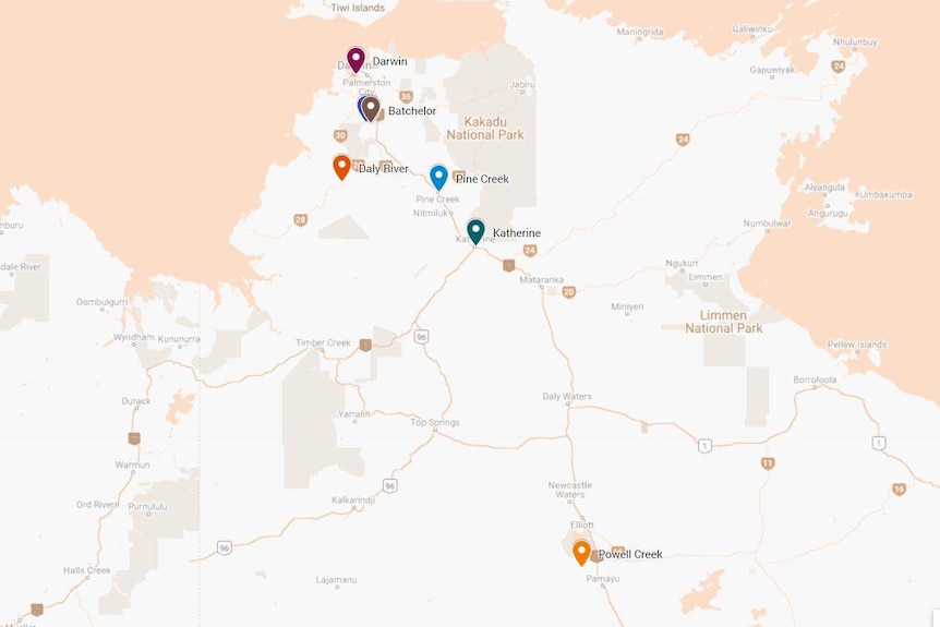 Map of northern Territory featuring Powell Creek, Katherine, Batchelor, Pine Creek, 58-mile peg