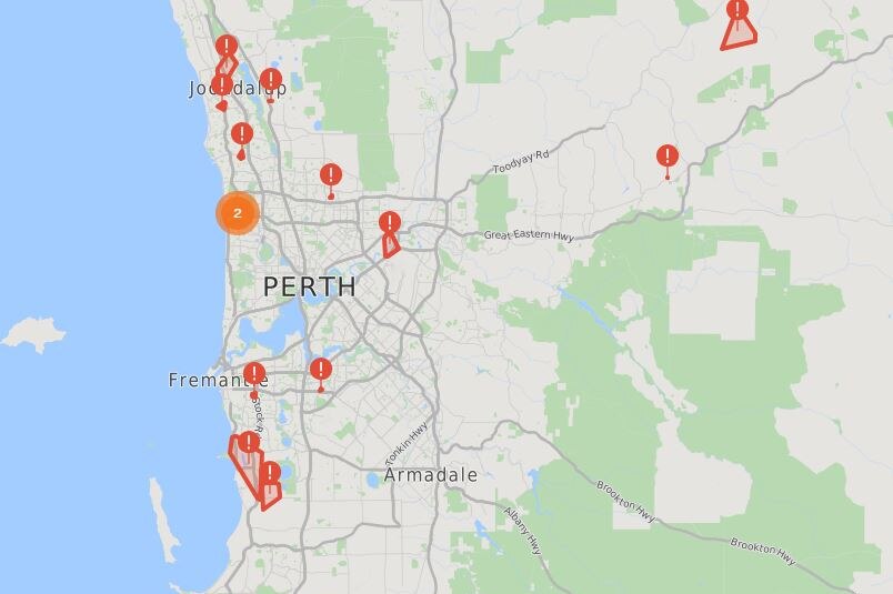 A map of Perth showing power outages in suburbs.