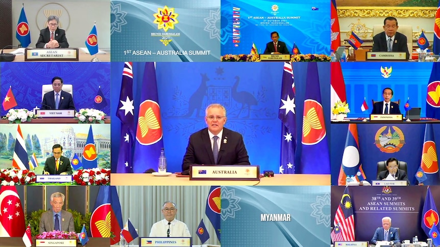 Screengrab of multiple leaders at the online ASEAN meeting 