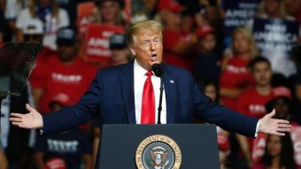 Trump holds his arms out wide while speaking at a lectern.