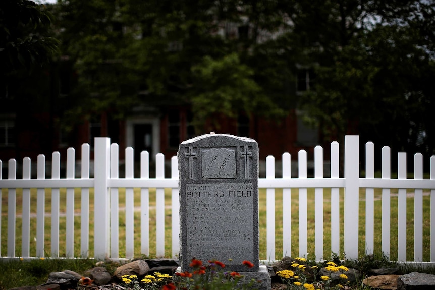 A photo of a headstone which reads "the city of New York Potters Field"