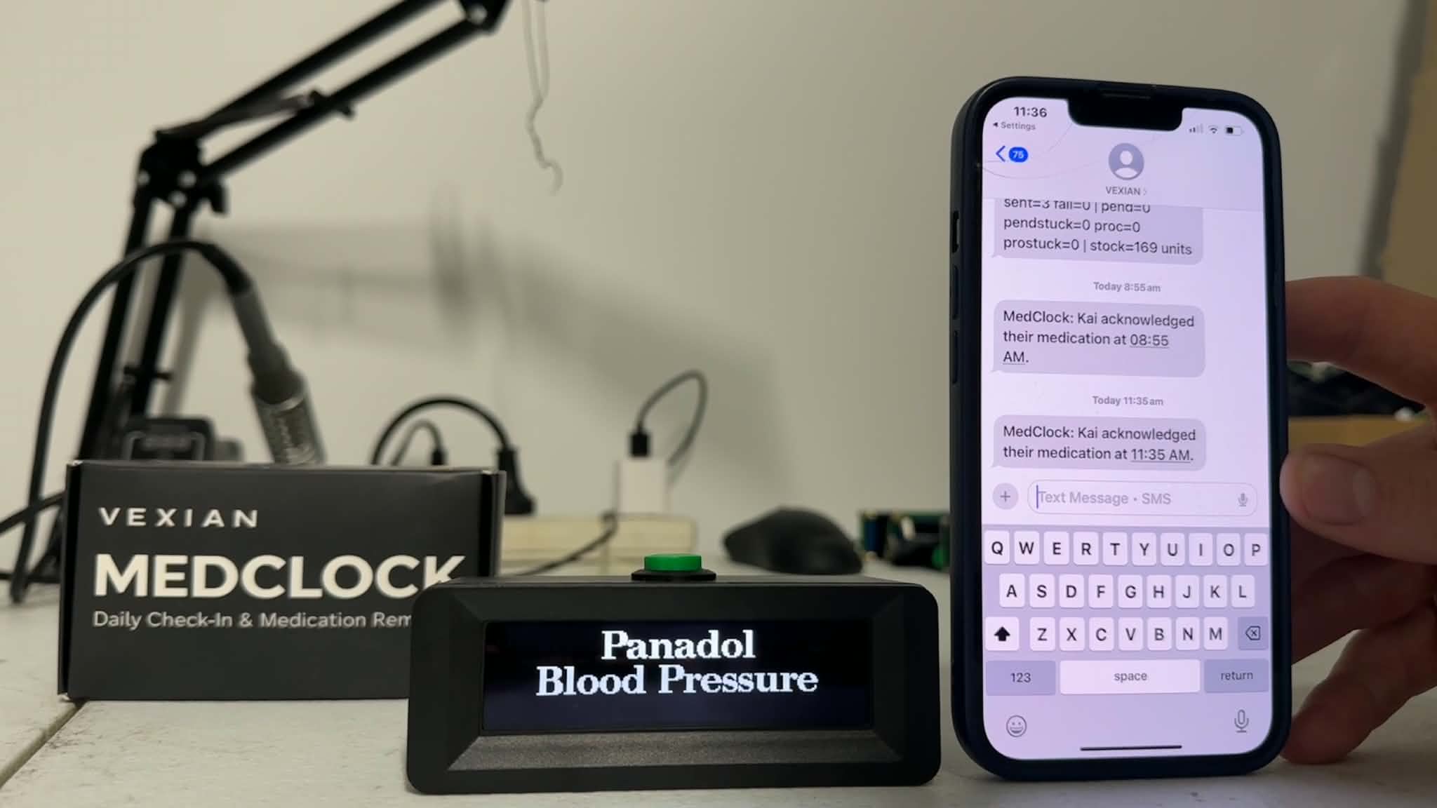 Health messages appear on a phone and a digital clock