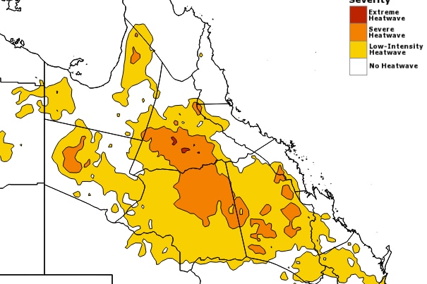 A heat map showing extreme heat expected in outback Queensland.
