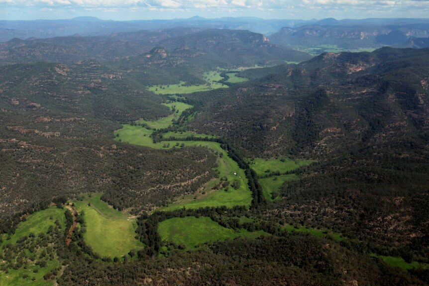 A vivid green valley seen from above.