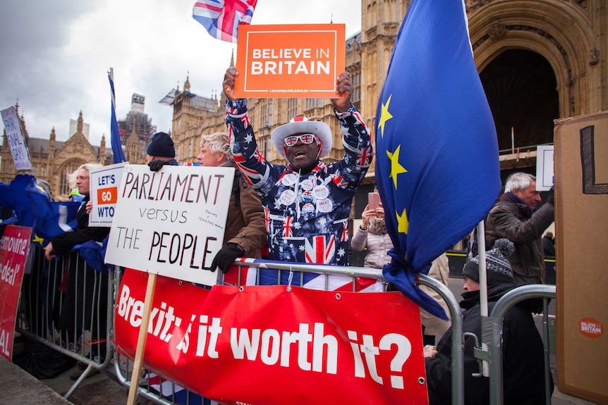 Colourful Brexit supporters stand outside Westminister waving flags and banners.