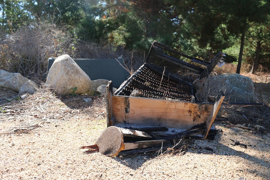 A burnt single bed in the bush.