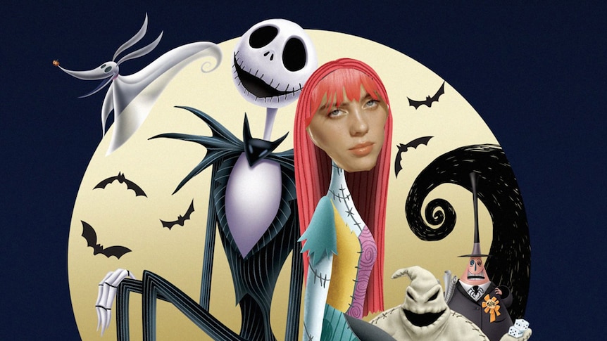 A photoshop of Billie Eilish in the poster artwork for 1993 film The Nightmare Before Christmas