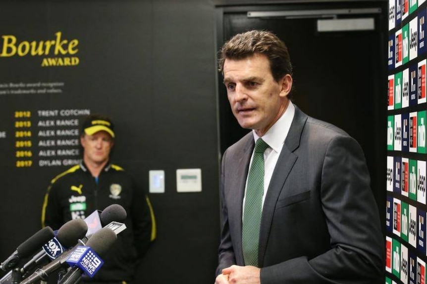 Richmond Tigers CEO Brendon Gale speaks during a press conference ahead of a team training session.