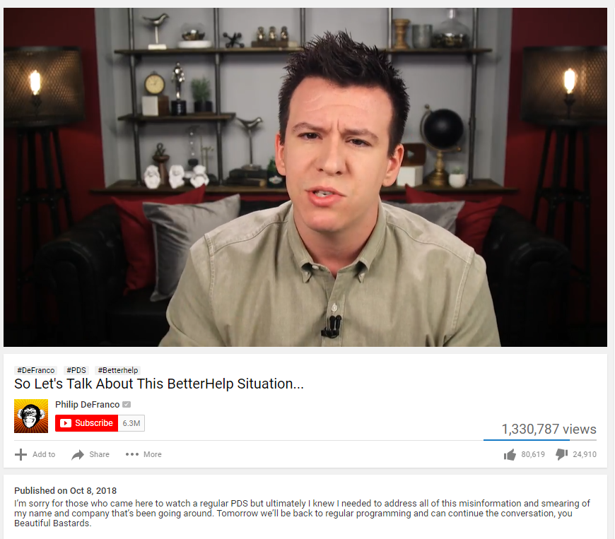 YouTuber Phillip DeFranco in a video titled 'So Let's Talk About This BetterHelp Situation..."